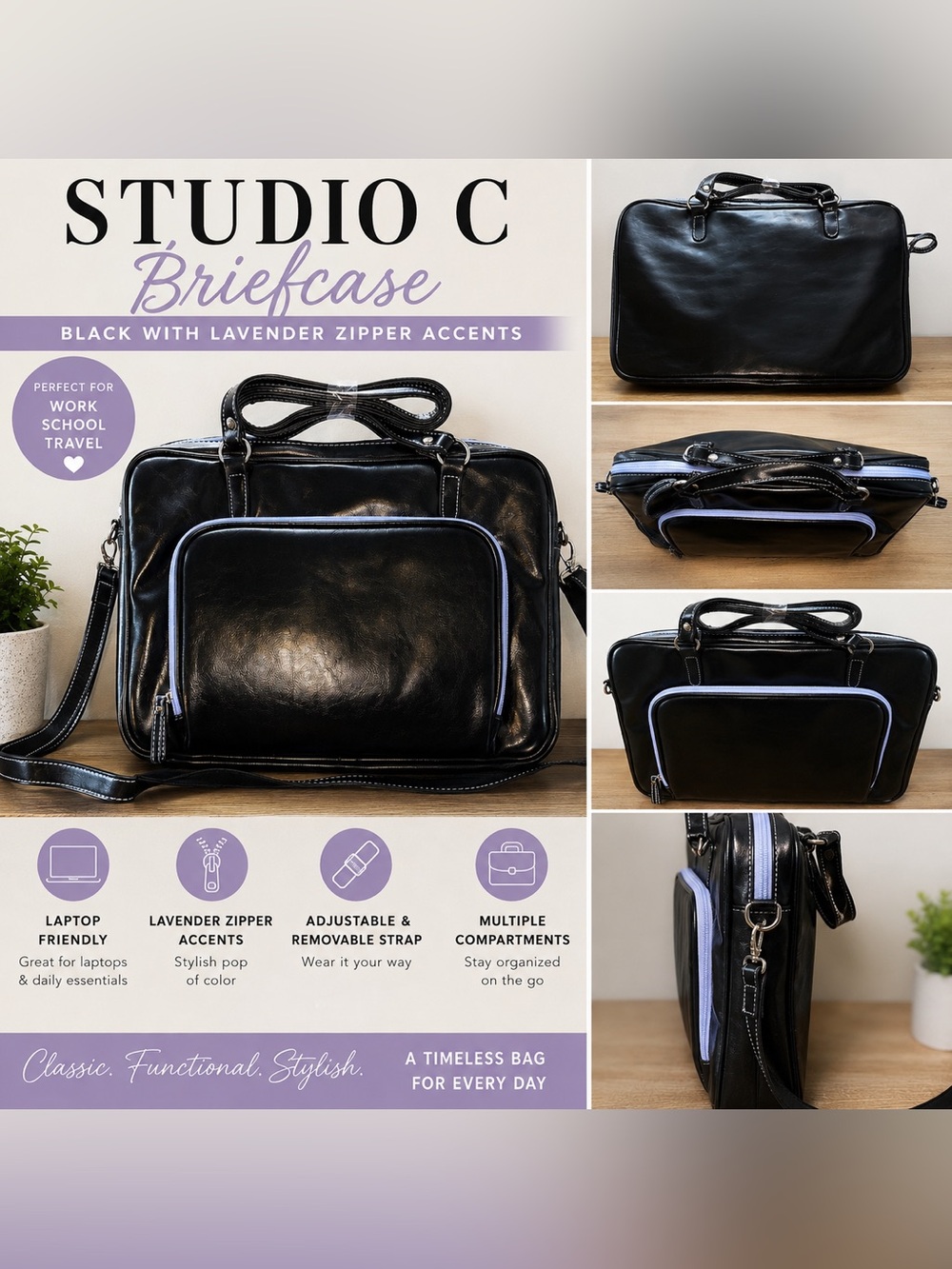 Studio C Black Briefcase Laptop Bag Lavender Zipper Shoulder Strap